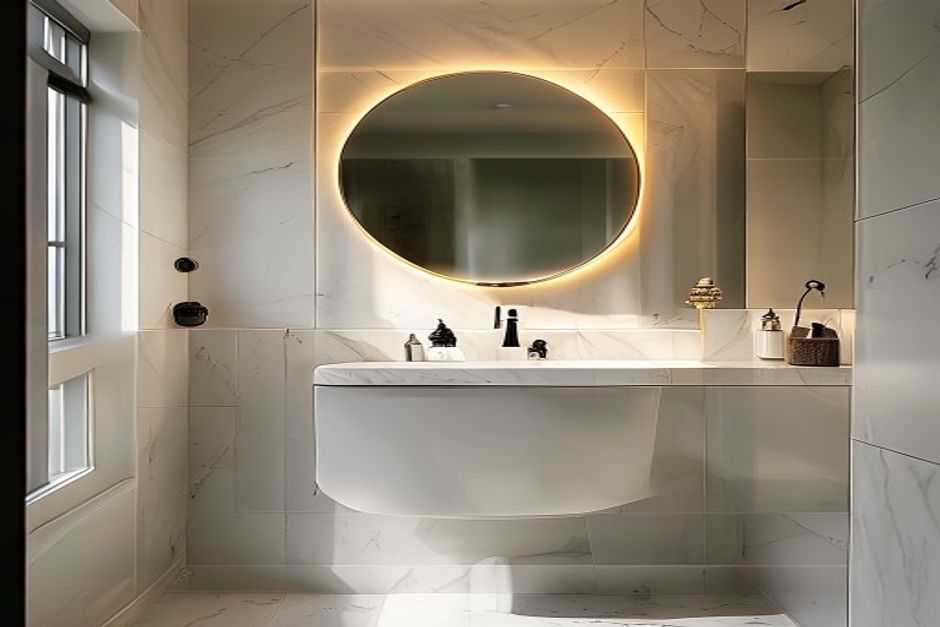 Bathroom with large-format tiles and matte fixtures