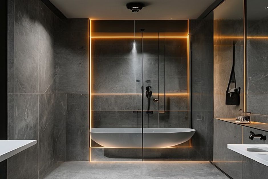 Tiled bathroom with modern fixtures