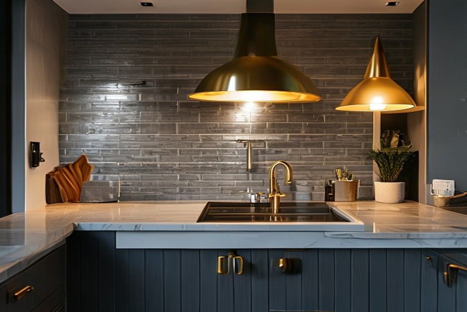 Kitchen tile splashback close-up with warm lighting